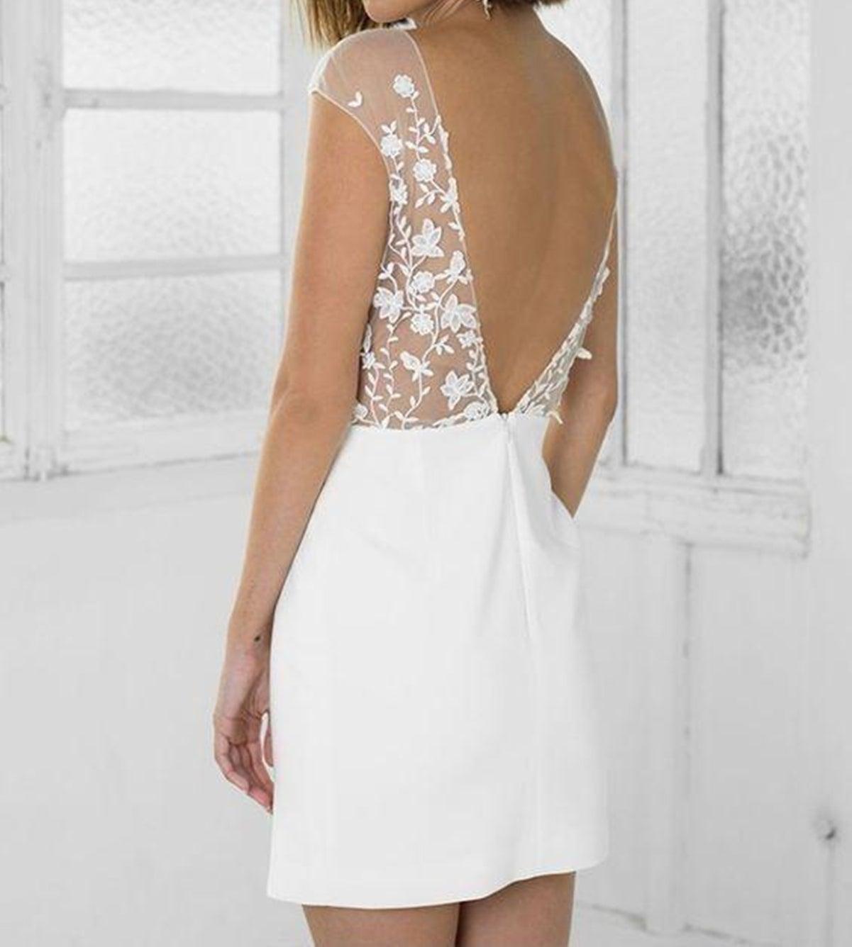 Unthony - Round Neck White Lace Short Prom Dress