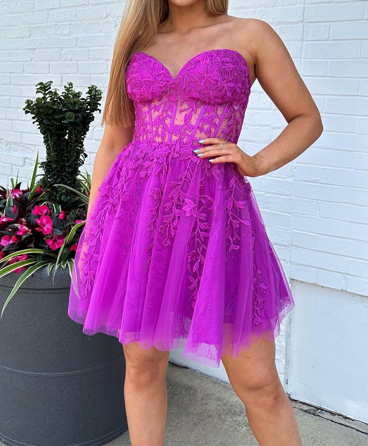 Unthony - Strapless Fuchsia Lace Prom Dress
