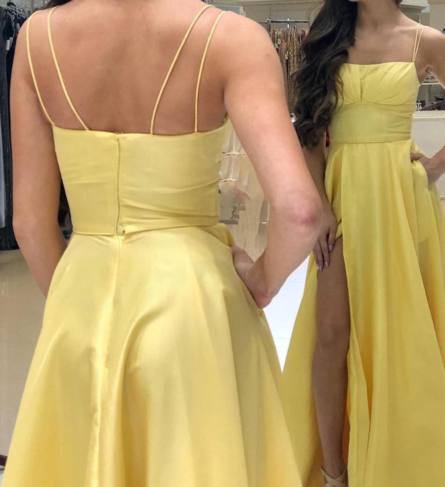 Unthony - Unique Yellow Satin Long Prom Dress with High Slit