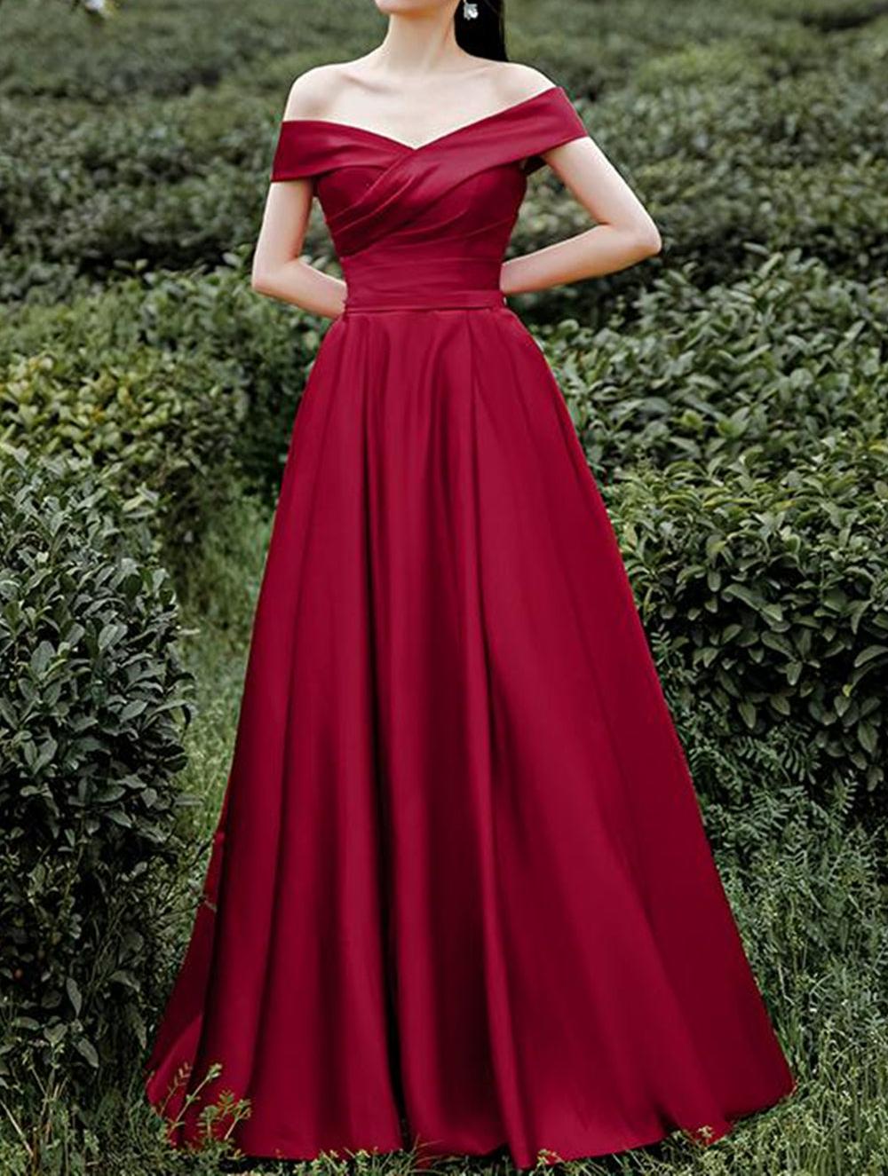 Unthony - Simple Off Shoulder Burgundy Long Prom Dress