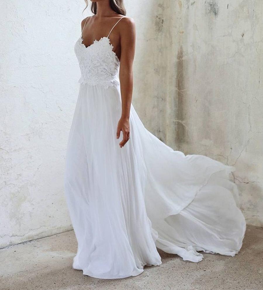 Unthony - A Line Spaghetti Straps Backless Lace White Beach Wedding Dresses