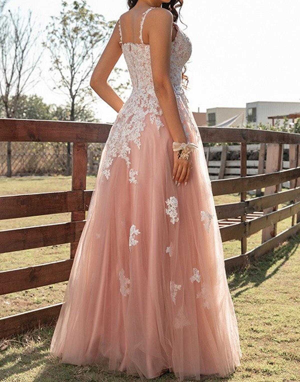 Unthony - A Line V Neck Pink Tulle Long Prom Dress with Lace Appliques