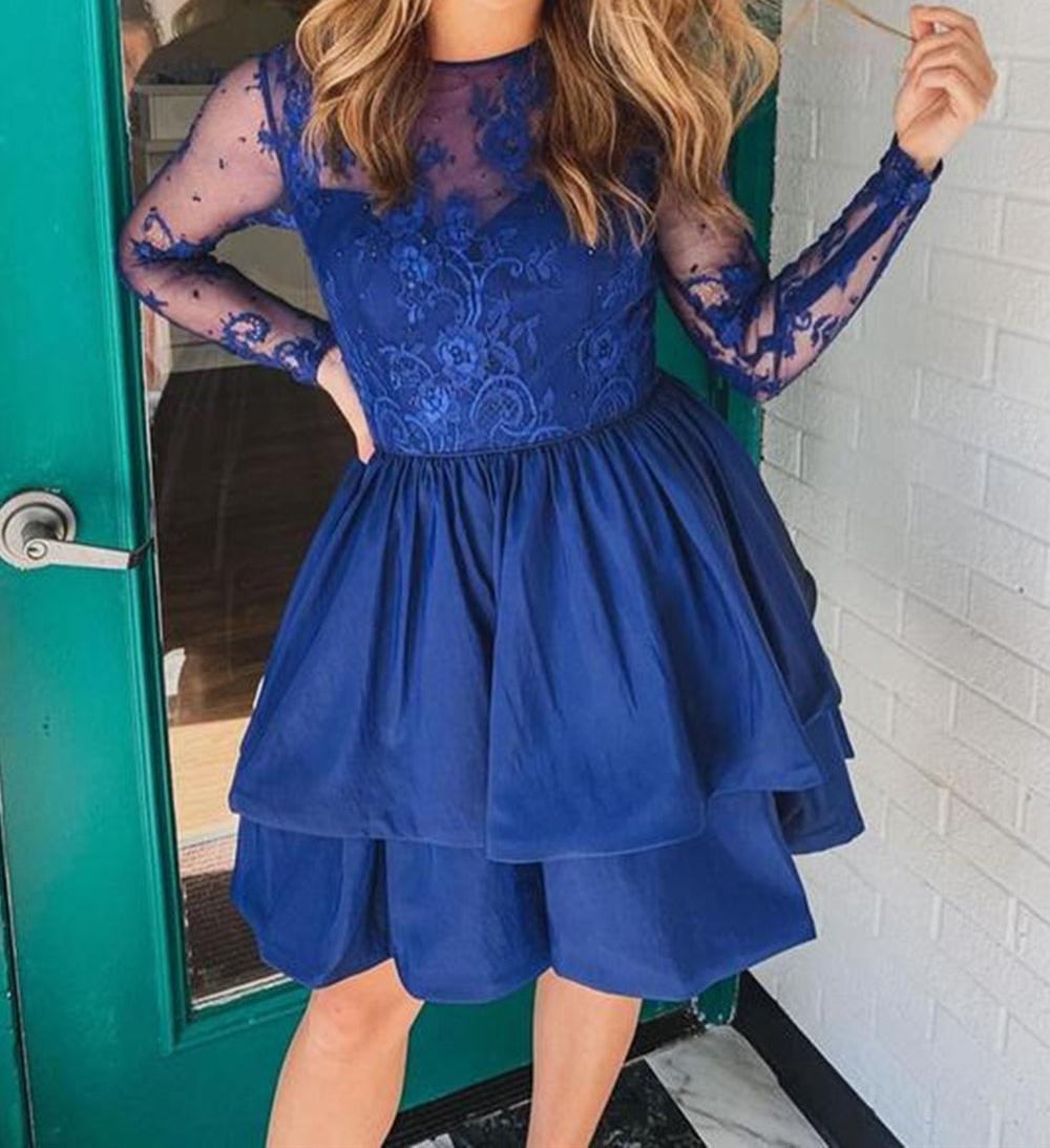 Unthony - Long Sleeves Layered Blue Lace Short Prom Dresses