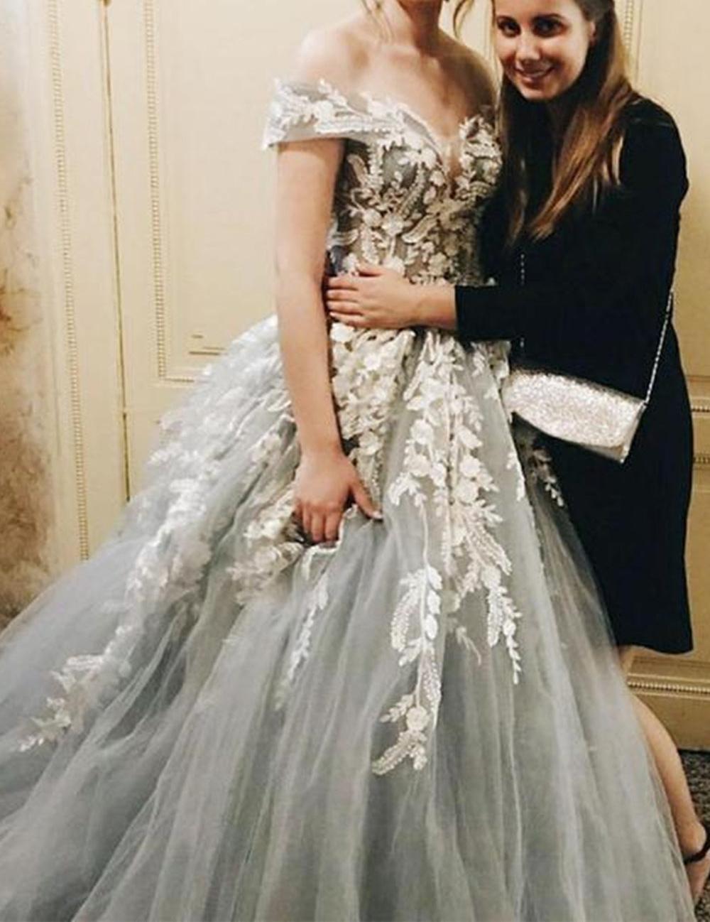 Unthony - Off Shoulder Gray Lace long Prom Dress