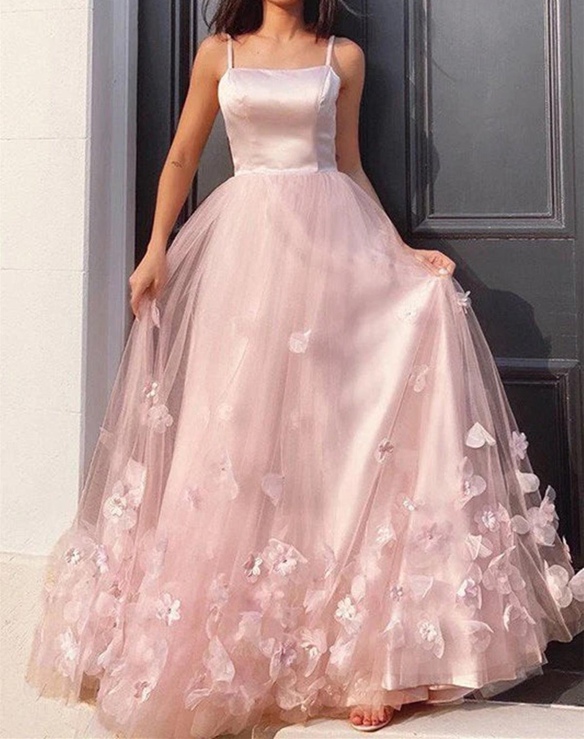 Unthony - A Line Pink Floral Long Prom Dress