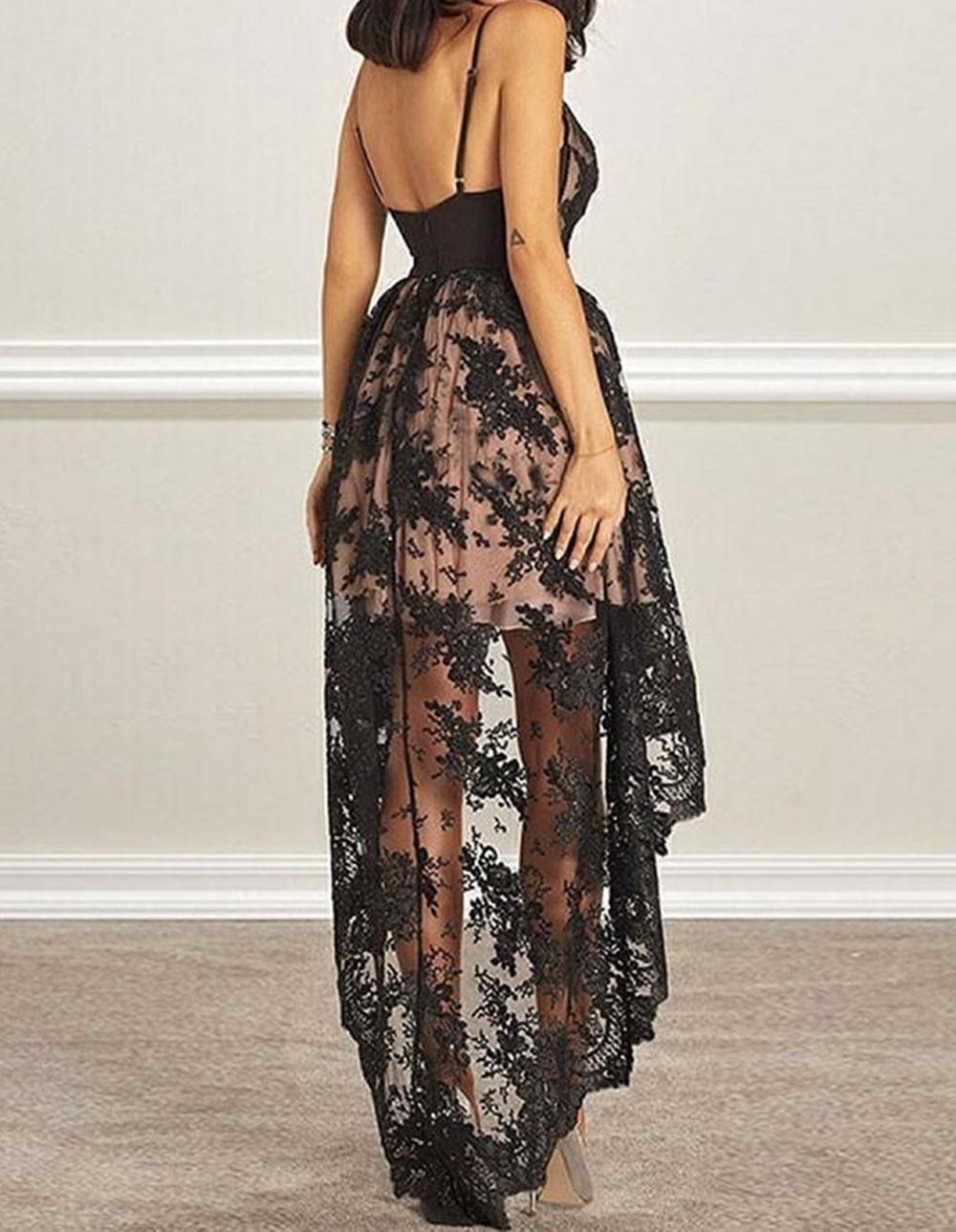 Unthony - High Low V Neck Open Back Black Lace Prom Dress