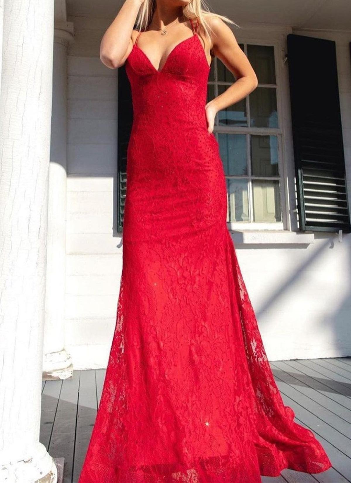 Unthony - Mermaid V Neck Backless Red Lace Long Prom Dress