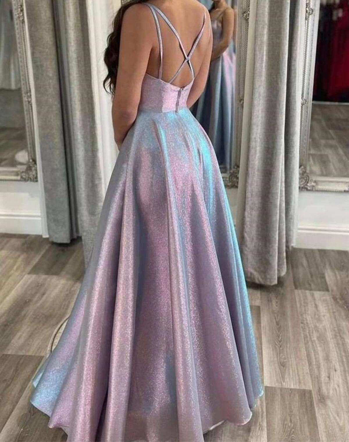 Unthony - Open Back Silver Satin Long Prom Dress