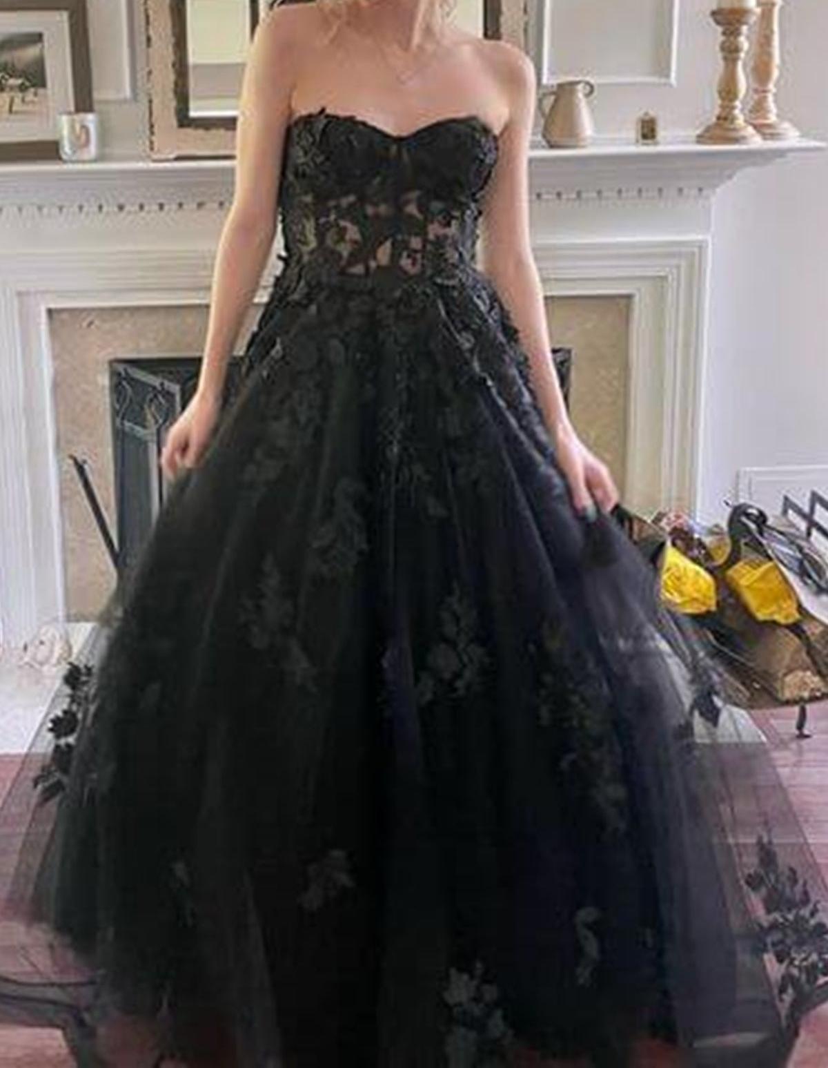 Unthony - Strapless Black Lace Tulle Long Prom Dress