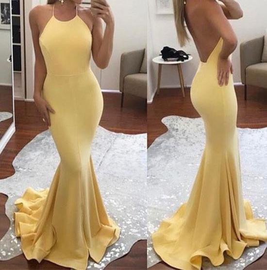 Unthony - Halter Neck Mermaid Backless Yellow/Pink Prom Dresses