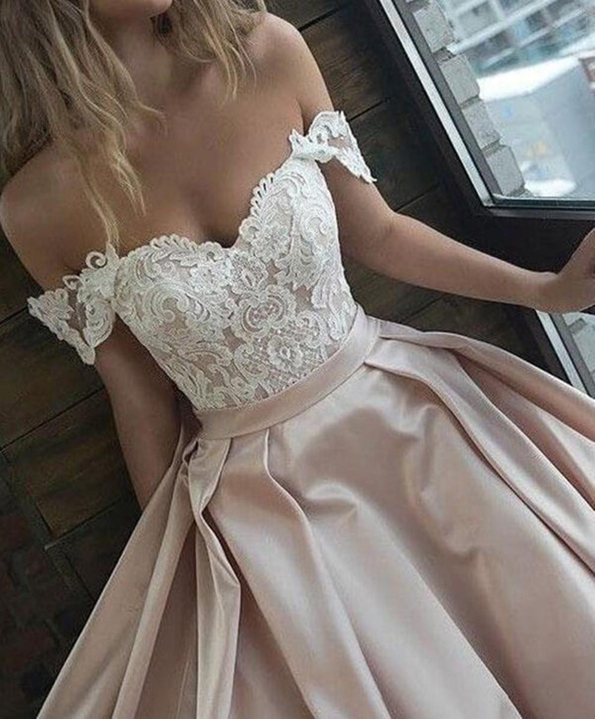 Unthony - Off Shoulder Lace Top Champagne Long Prom Dress