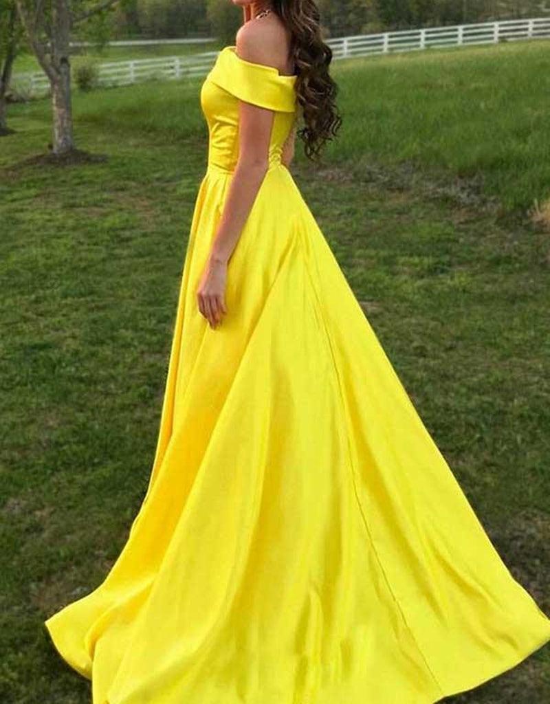 Unthony - Simple Off the Shoulder Yellow Satin Long Prom Dress with Pockets