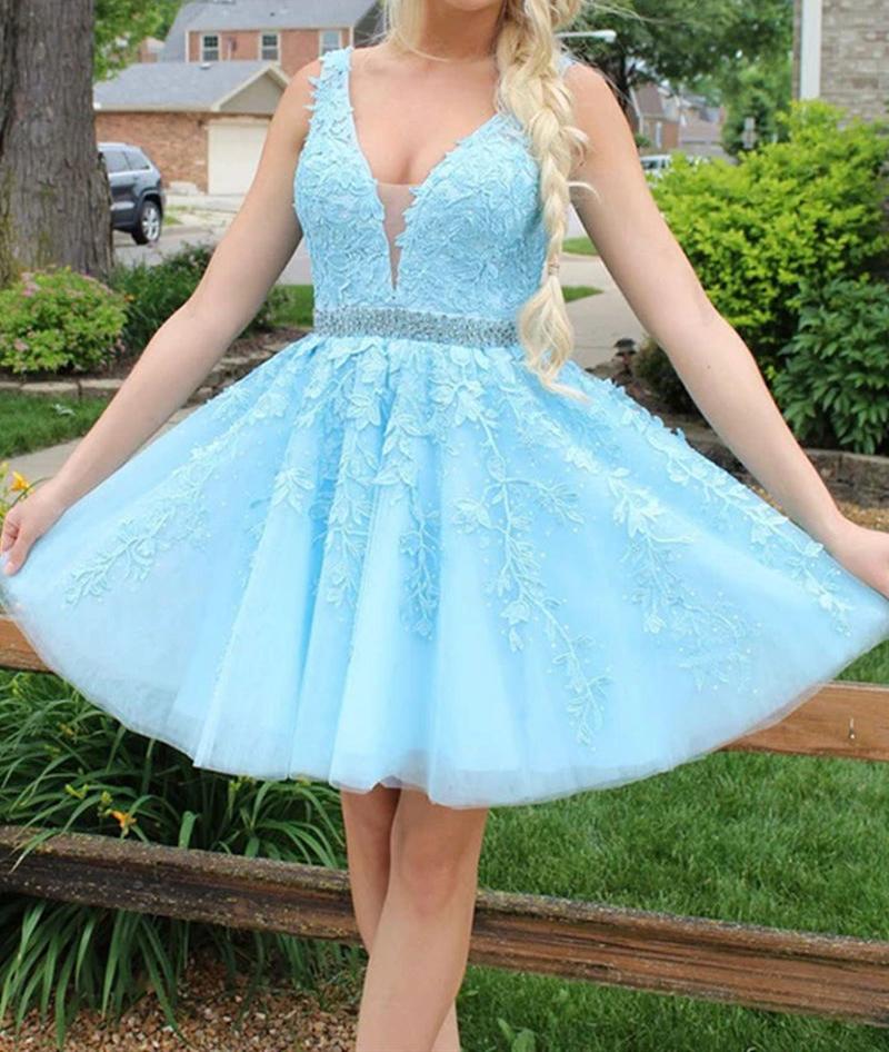 Unthony - V Neck and V Back Light Blue Lace Short Prom Dress with Belt