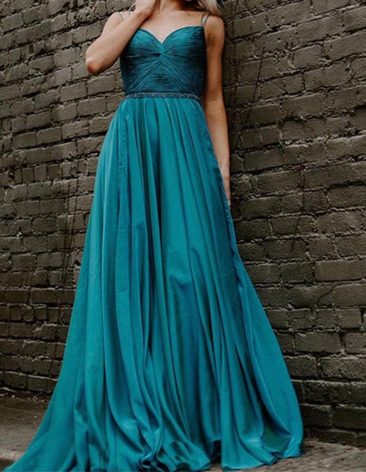 Unthony - Elegant Green Chiffon Long Prom Dress with Belt