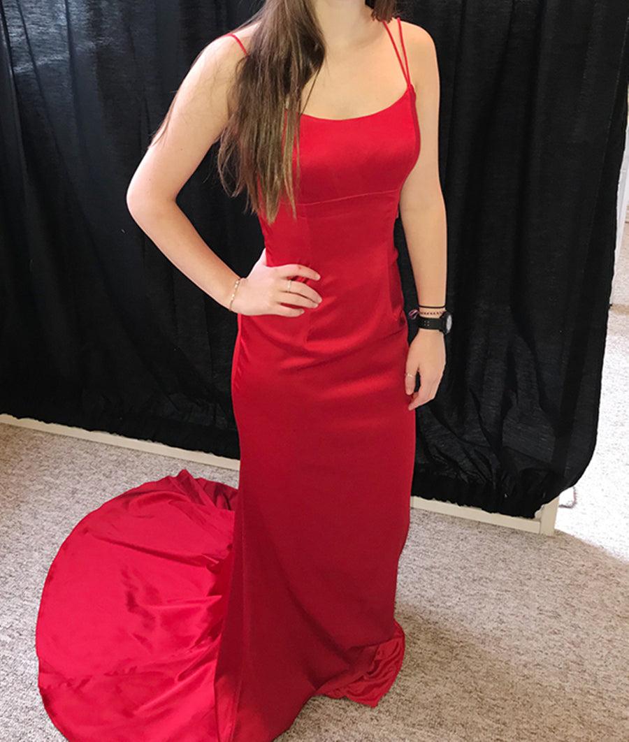Unthony - Red Mermaid Backless Satin Long Prom Dresses with Train