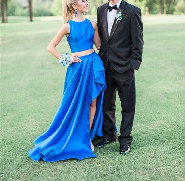 Unthony - Round Neck 2 Pieces High Low Royal Blue Satin Long Prom Dress
