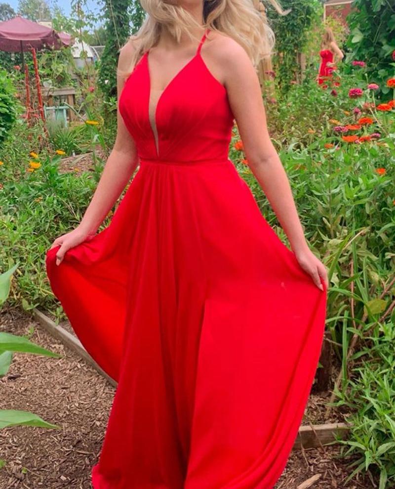 Unthony - Simple A Line V Neck Red Long Prom Dress with Slit
