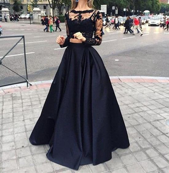 Unthony - Modern Scoop Long Sleeves Lace Black Two-pieces Prom Dresses