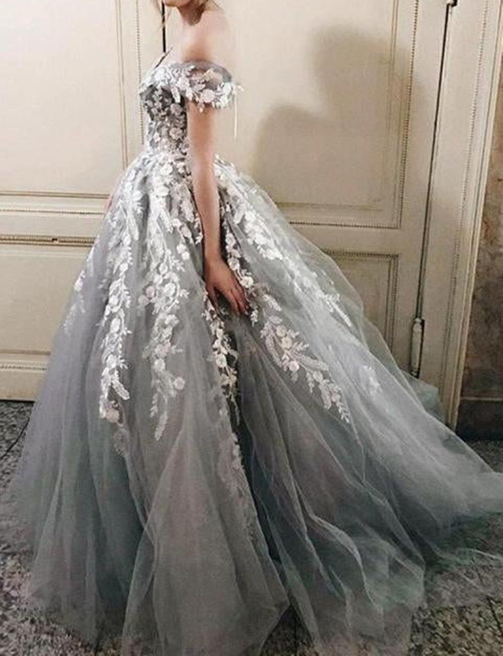 Unthony - Off Shoulder Gray Lace long Prom Dress