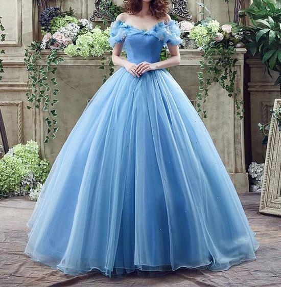 Unthony - Off Shoulder Blue Tulle Long Prom Dress with Butterfly