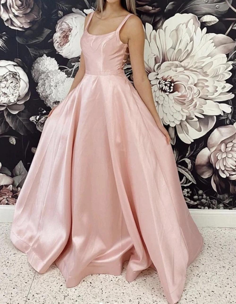 Unthony - Open Back Pink Satin Long Prom Dress