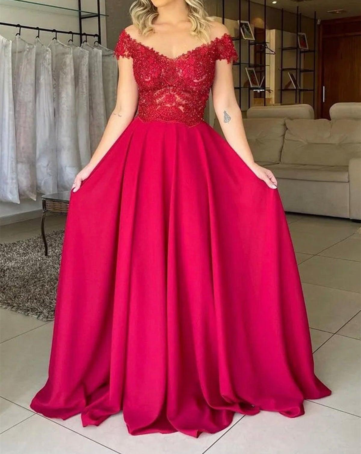 Unthony - Off Shoulder Blue/Pink/Green/Burgundy Lace Top Long Prom Dress