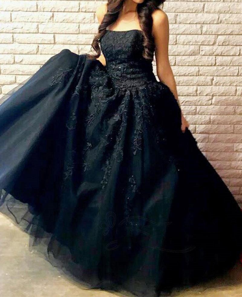 Unthony - Strapless Open Back Black Lace Long Prom Dress