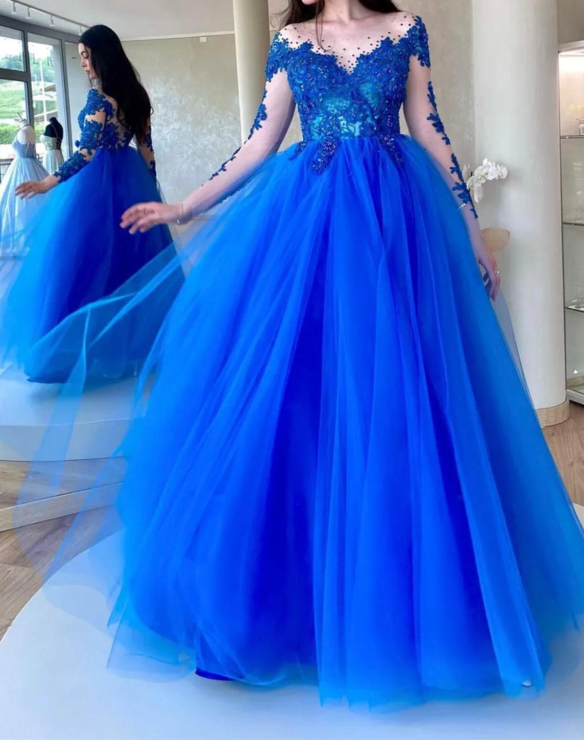 Unthony - Round Neck Long Sleeves Beaded Blue Lace Long Prom Dress
