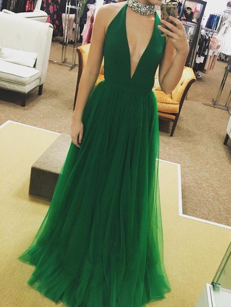 Unthony - A Line Deep V Neck Green Tulle Long Prom Dresses