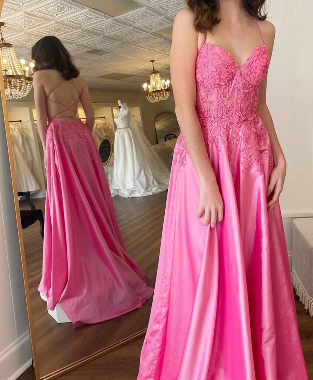 Unthony - V Neck Backless Pink Lace Long Prom Dress
