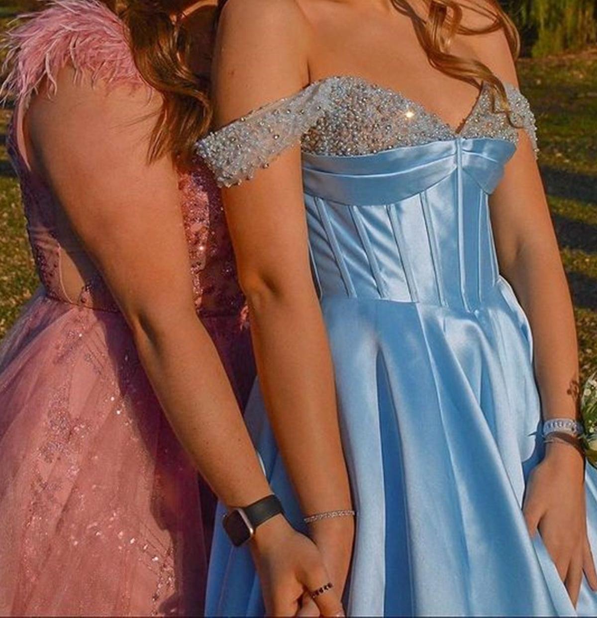 Unthony - Off the Shoulder Beaded Light Blue Satin Long Prom Dresses