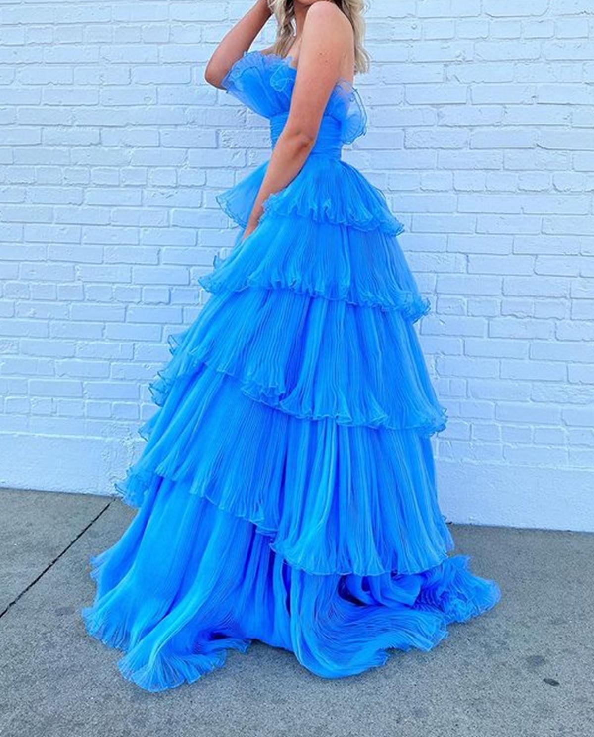 Unthony - Strapless Layered Blue Long Prom Dresses
