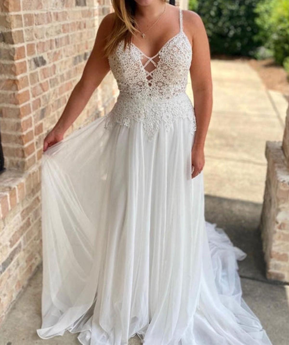 Unthony - V Neck Open Back White Lace Long Prom Wedding Dresses with Train