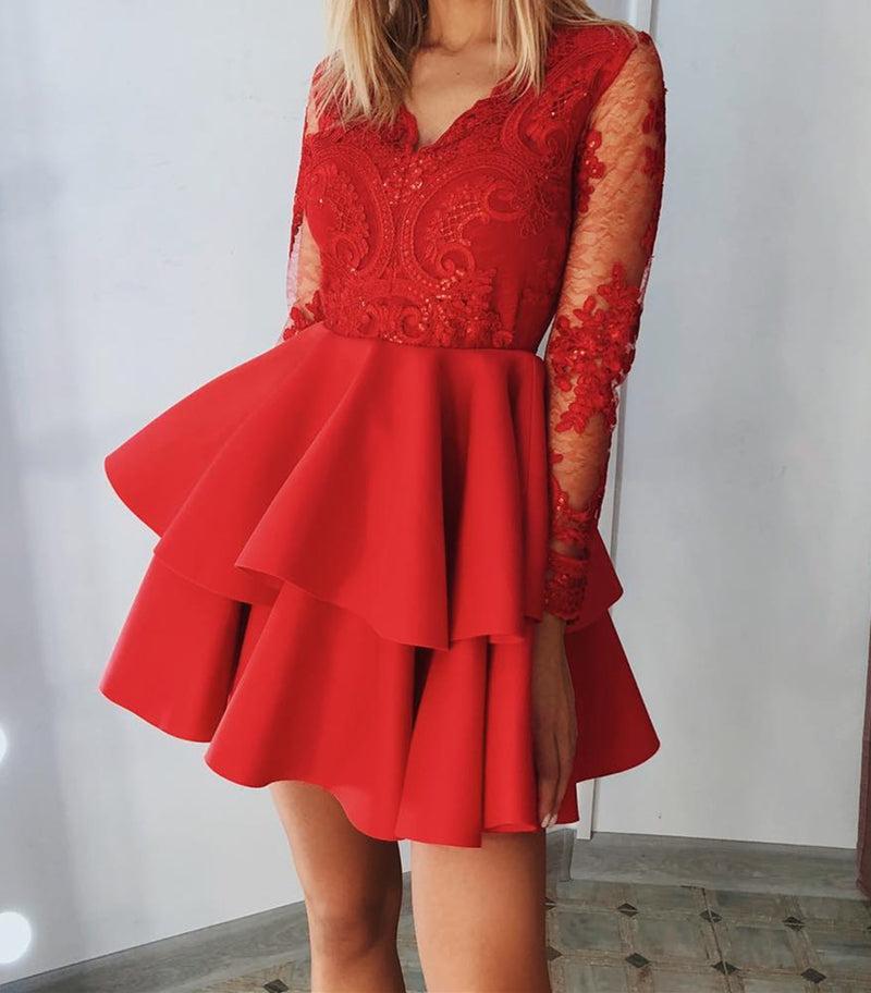 Unthony - V Neck Long Sleeves Layered Red Lace Short Prom Dress