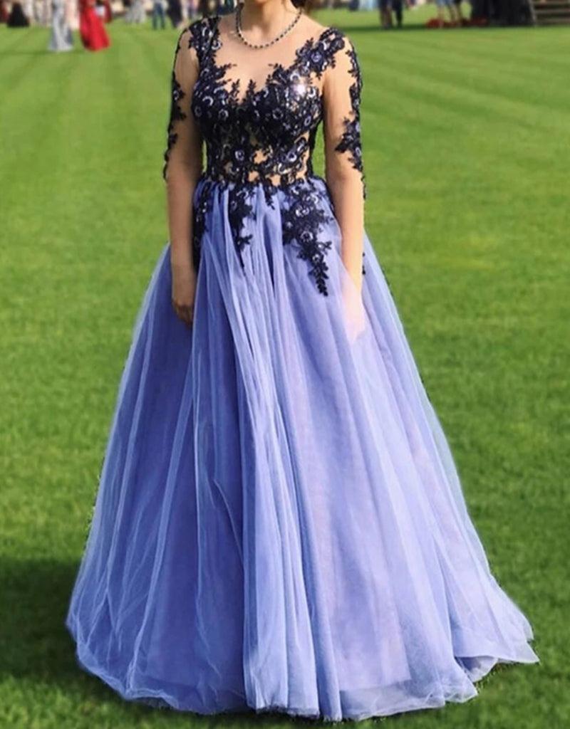 Unthony - A Line Round Neck Long Sleeves Lace Purple Prom Dress