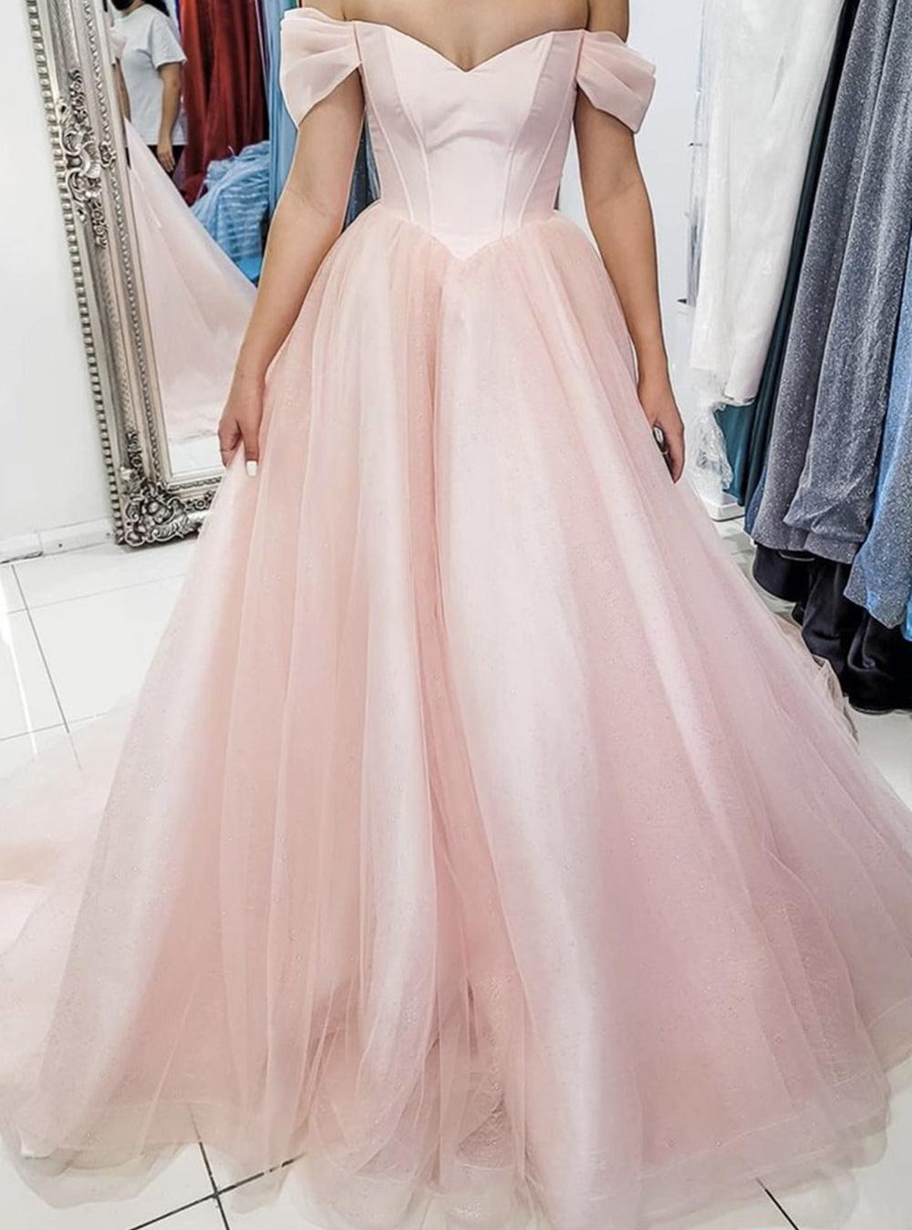 Unthony - Off Shoulder Pink Tulle Long Prom Dress