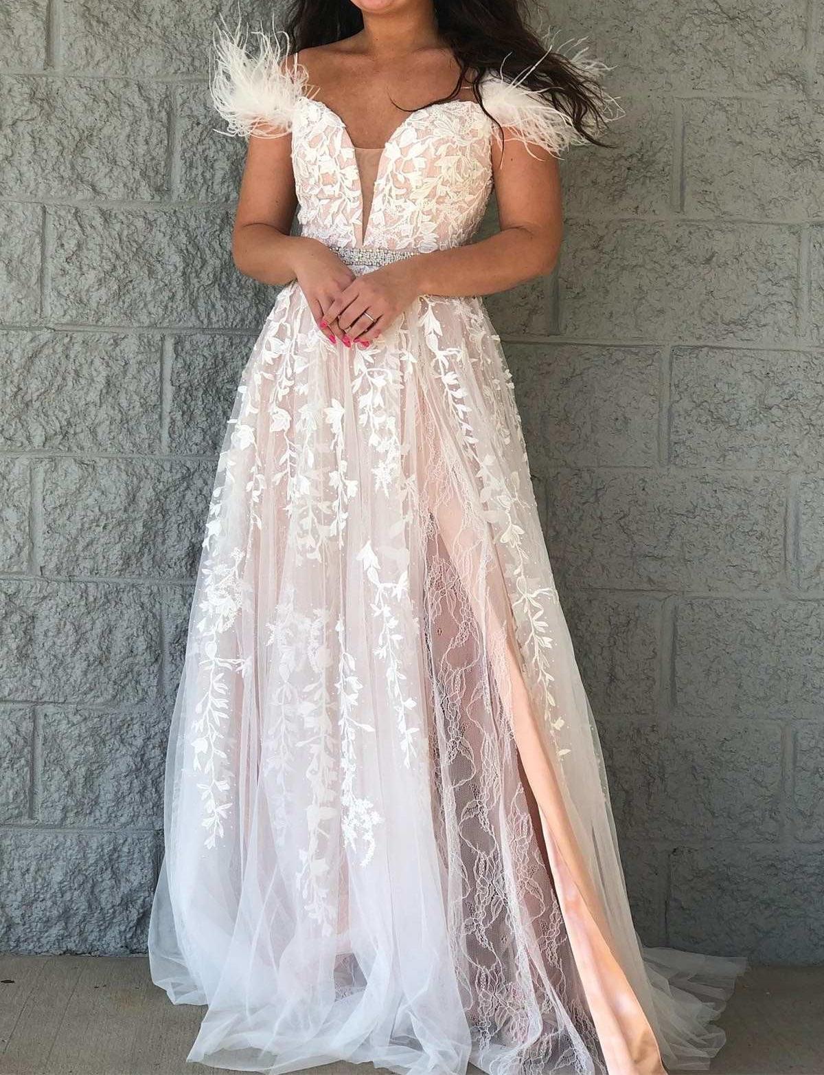 Unthony - Off Shoulder V Neck Champagne Lace Long Prom Dress with Belt