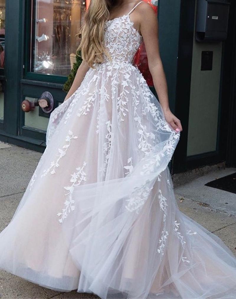 Unthony - Gorgeous Open Back Long Champagne Lace Prom Dress