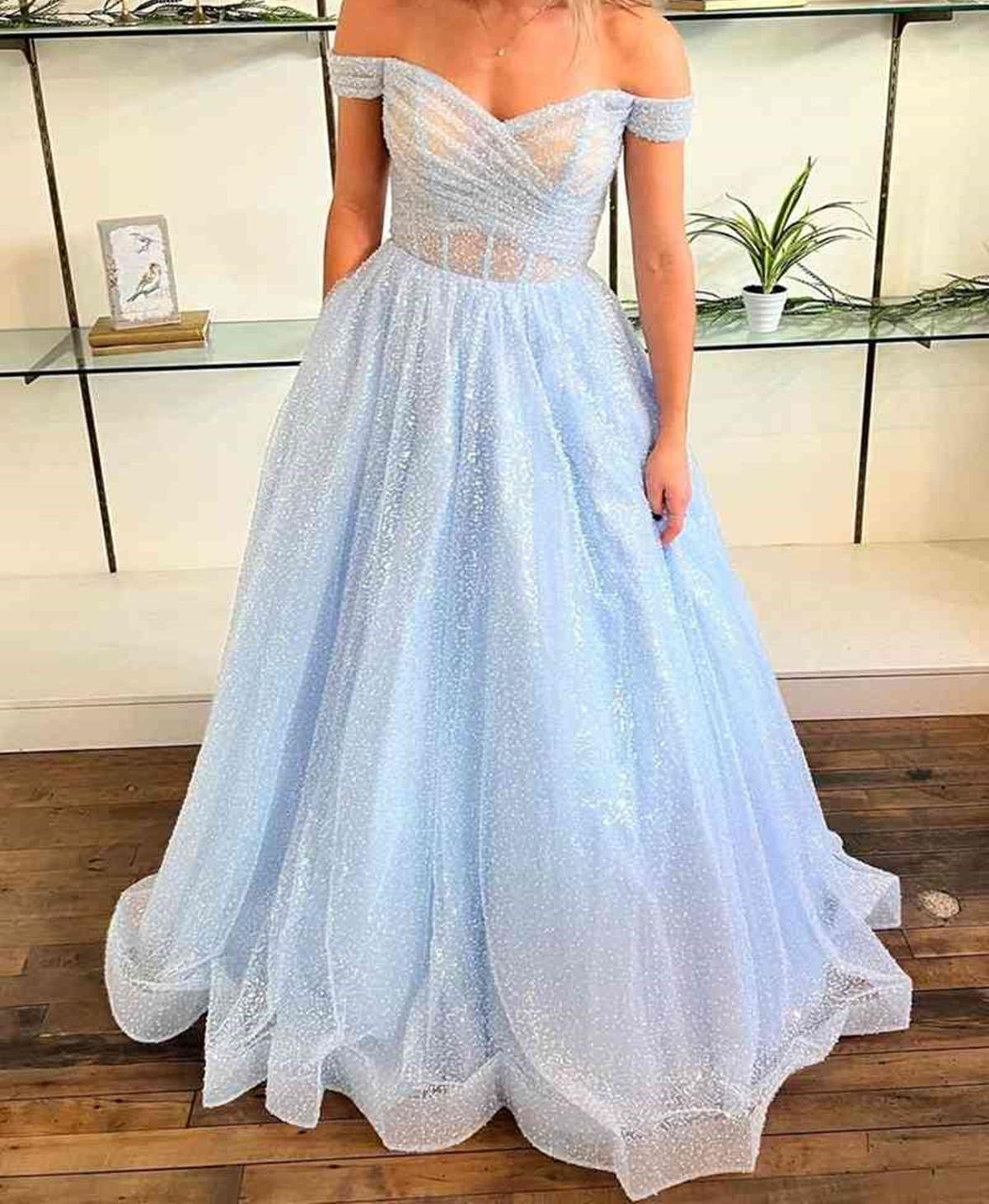 Unthony - Shiny Tulle Off Shoulder Blue/Pink Long Prom Dress