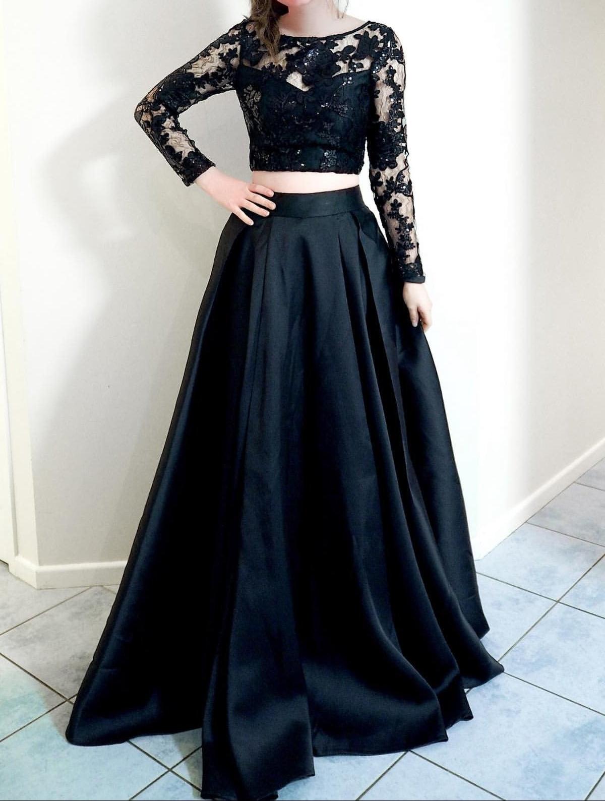 Unthony - Long Sleeves 2 Pieces Black Lace Long Prom Dress