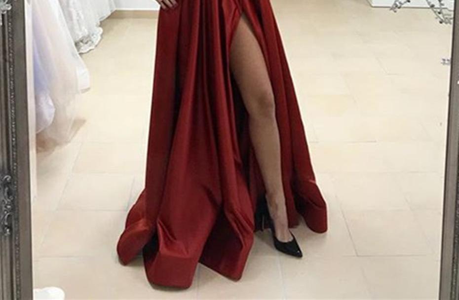 Unthony - Custom Made A Line Spaghetti Straps Burgundy Satin Long Prom Dress with Side Leg Slit