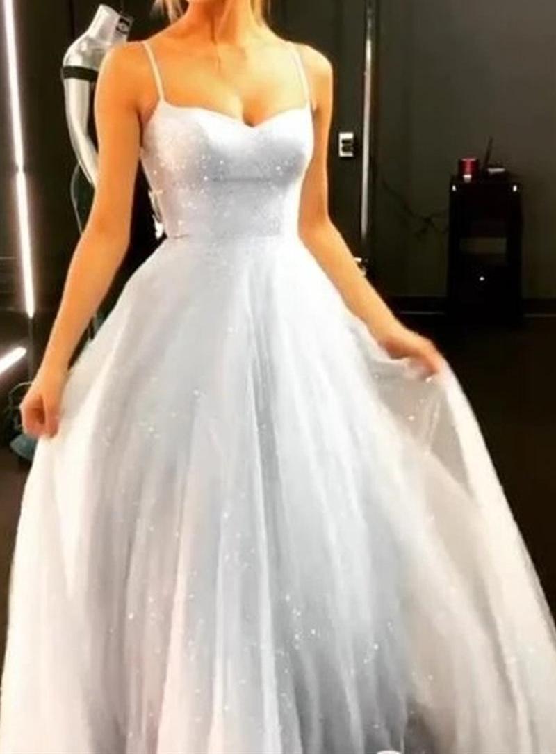 Unthony - Sparkly Silver Grey Open Back Long Prom Dress