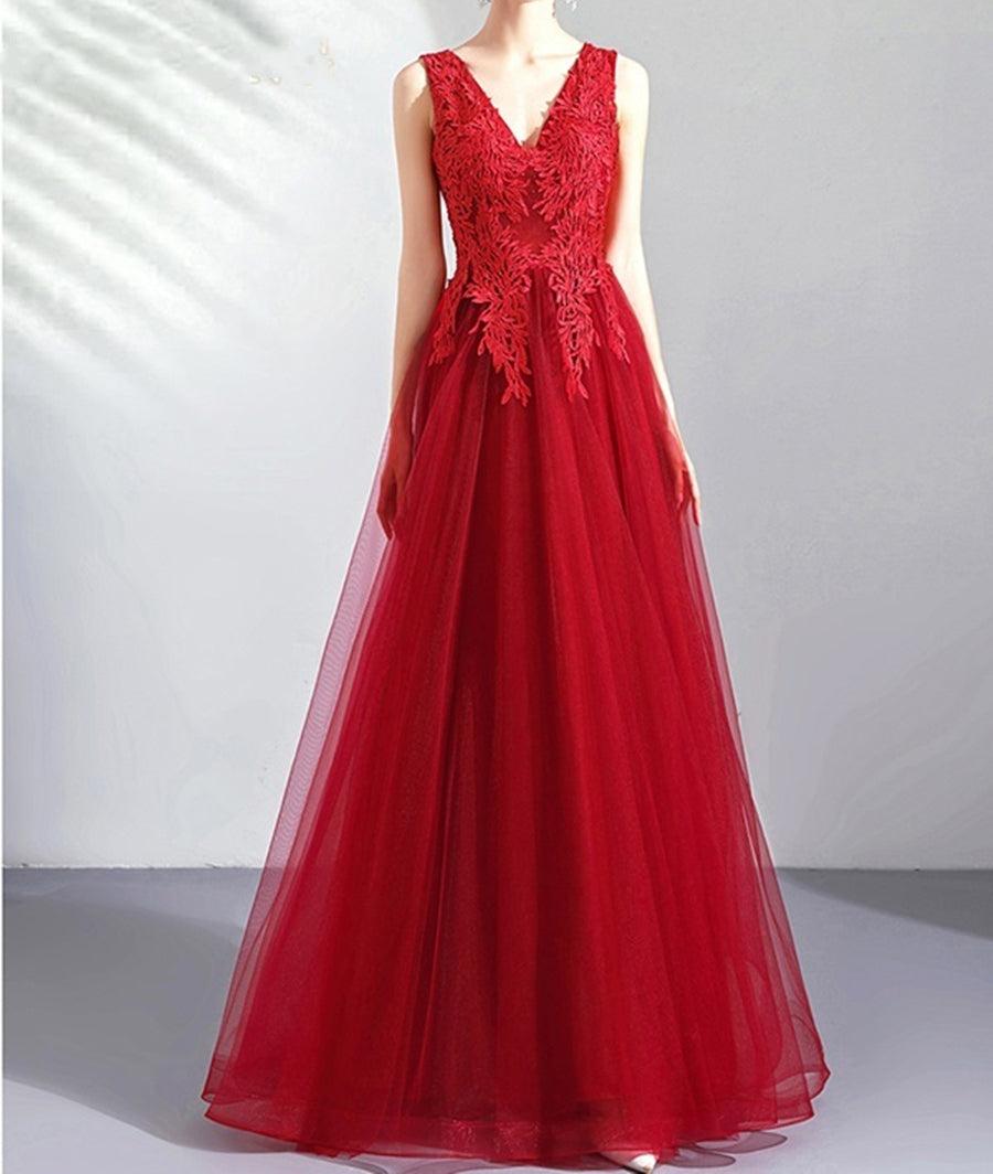 Unthony - A Line V Neck Lace Burgundy Tulle Long Prom Dresses