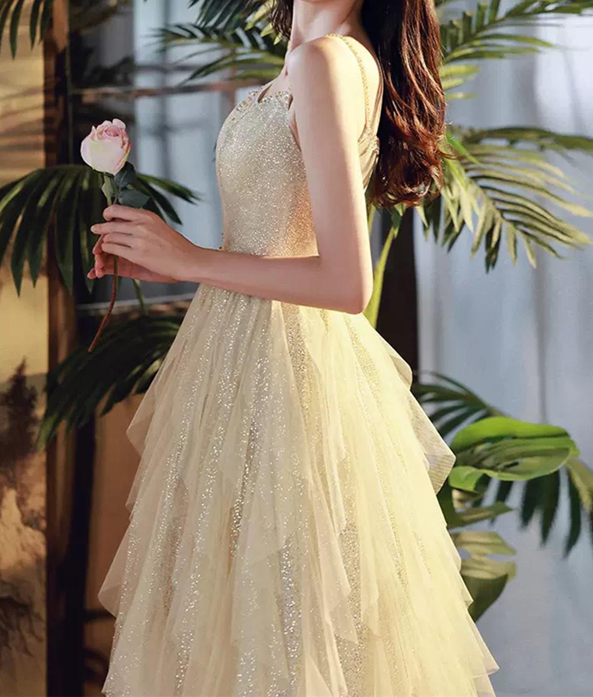 Unthony - Shiny A Line Champagne Tulle Long Prom Dress