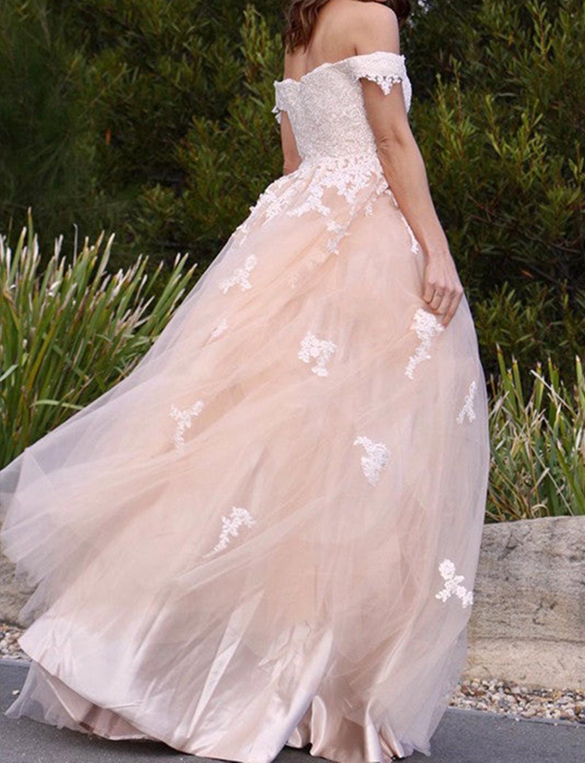 Unthony - Off Shoulder Pink Tulle Lace Long Prom Dress