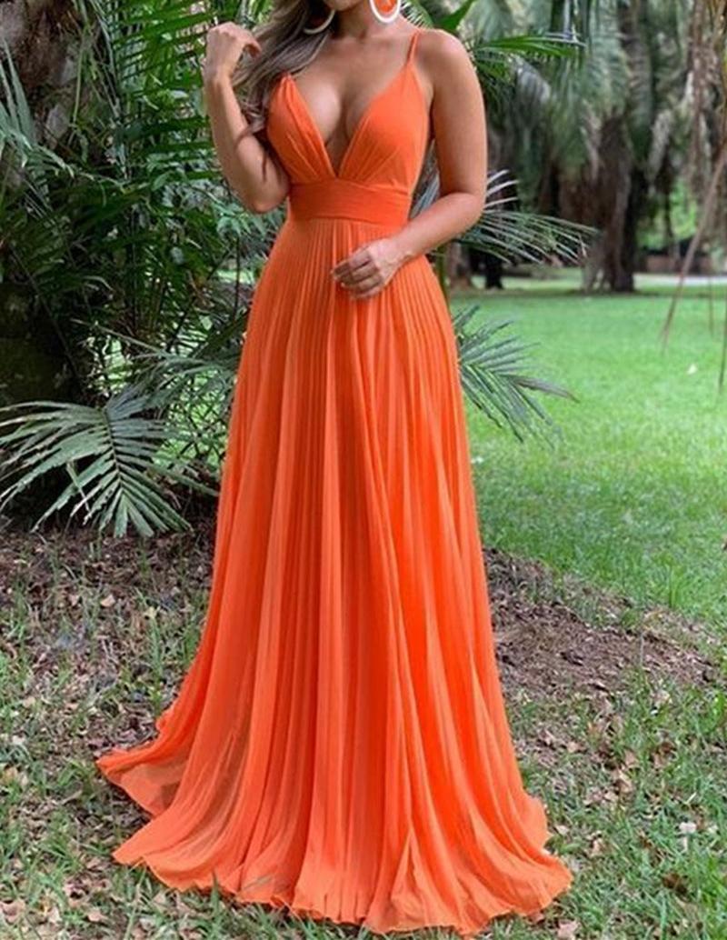 Unthony - A Line V Neck Backless Orange Chiffon Long Prom Dress