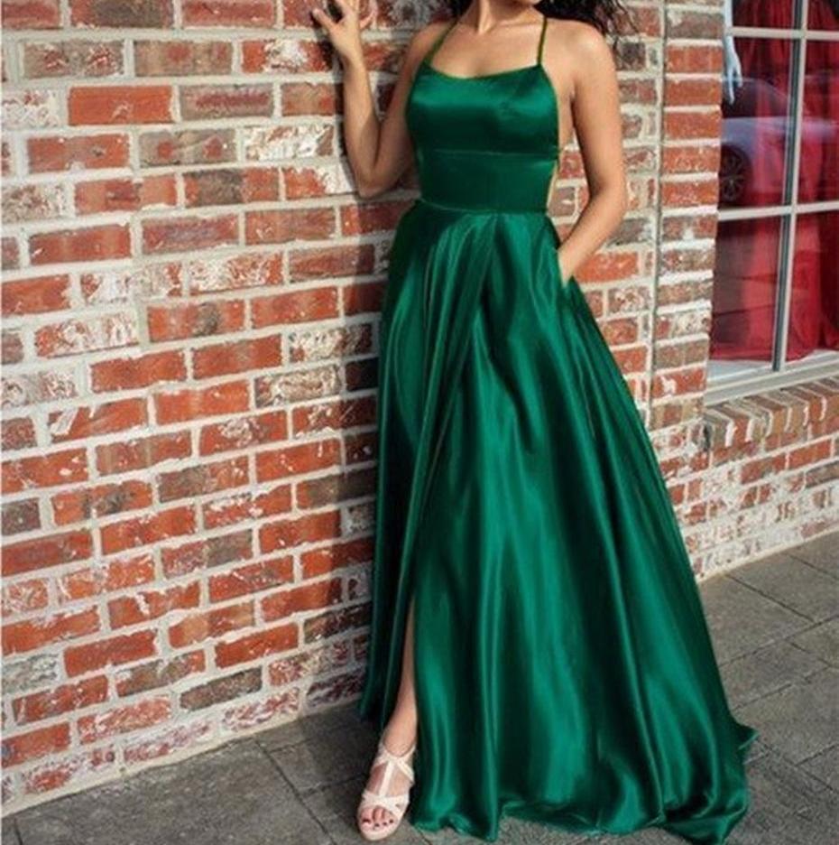 Unthony - A Line Halter Neck Backless Long Emerald Green Prom Dresses with Pockets