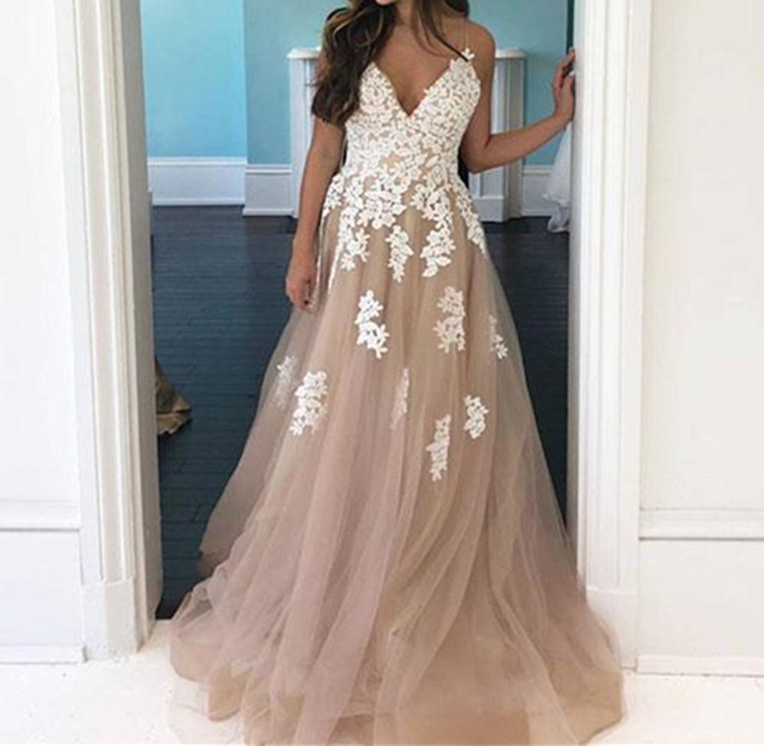 Unthony - A Line V Neck Champagne Tulle Long Prom Dress with White Lace