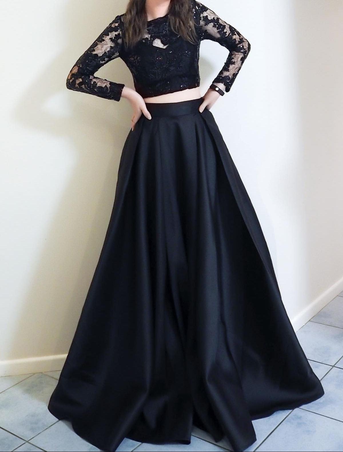 Unthony - Long Sleeves 2 Pieces Black Lace Long Prom Dress
