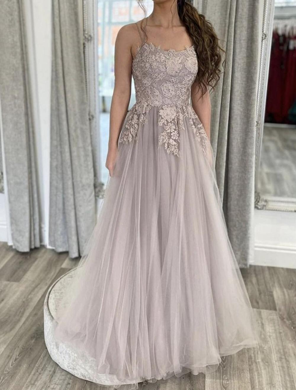 Unthony - Elegant Backless Gray Lace Long Prom Dress with Thin Straps